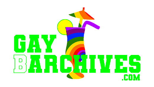 the logo for Gay Barchives.com, lime green text in front of a rainbow outline of a cocktail with tiny umbrella