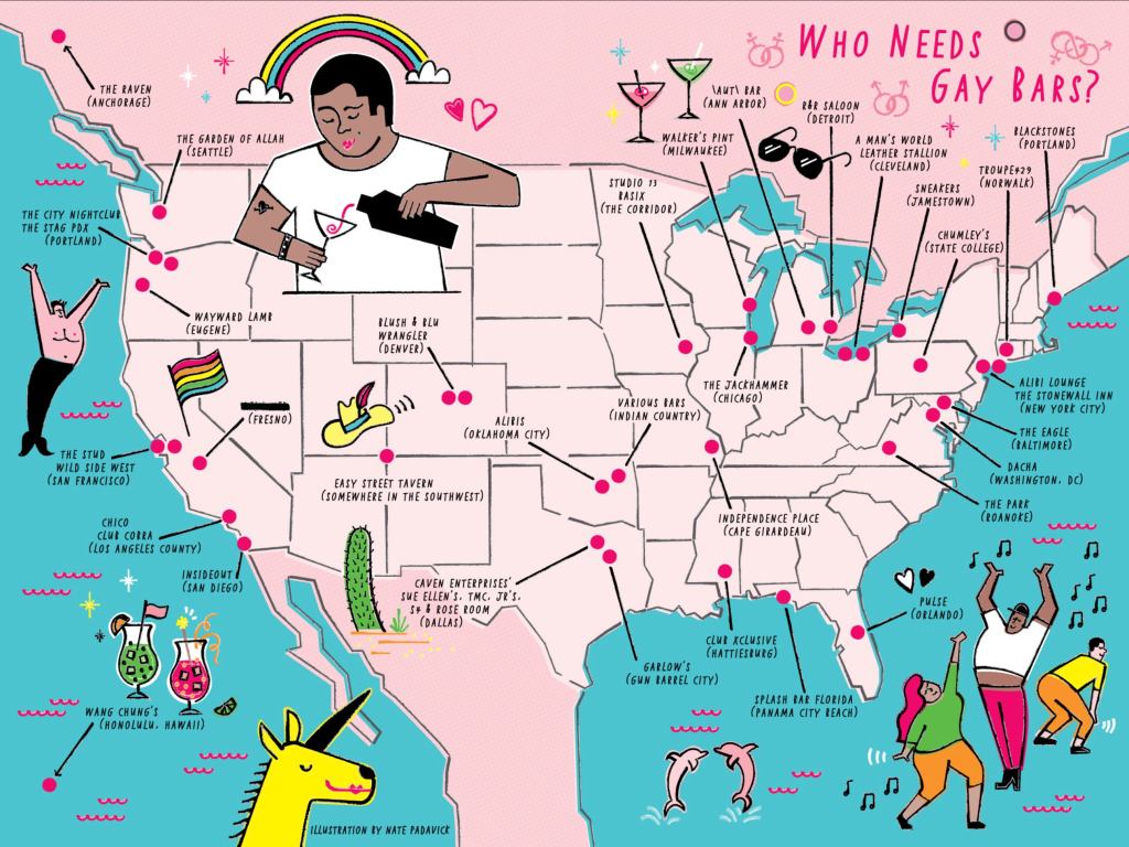 Pink map of the United States for the book Who Needs Gay Bars? with map pins for featured gay bars, illustrated with dancing people, a yellow unicorn, and a bartender under a rainbow